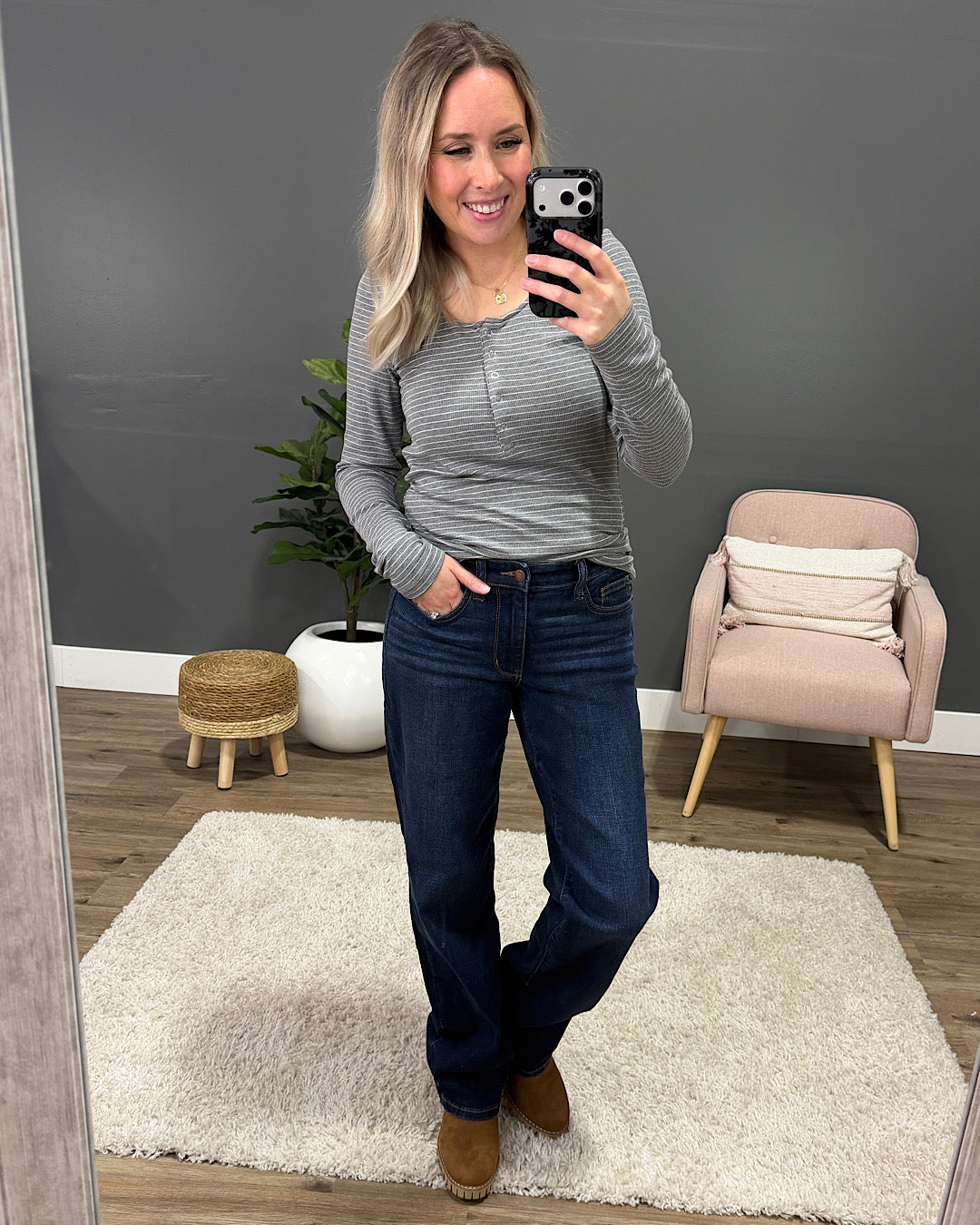 NEW! Dawn Striped Henley Long Sleeve Top - Charcoal Michelle Mae