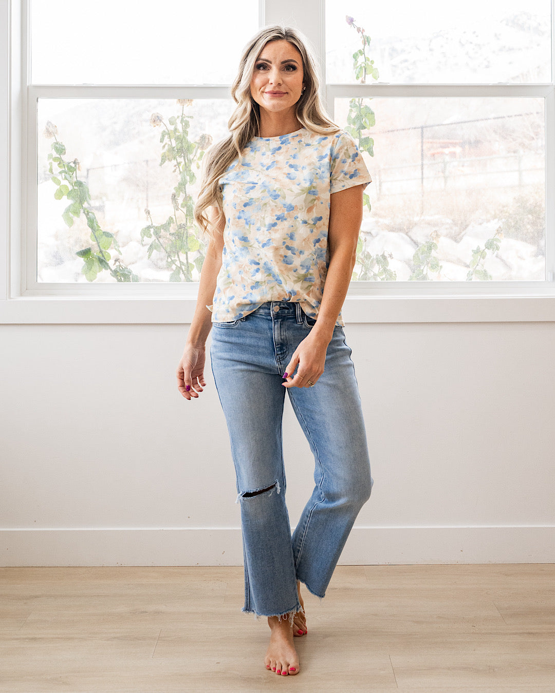 NEW! Danielle Floral Knit Top - Taupe & Blue Staccato
