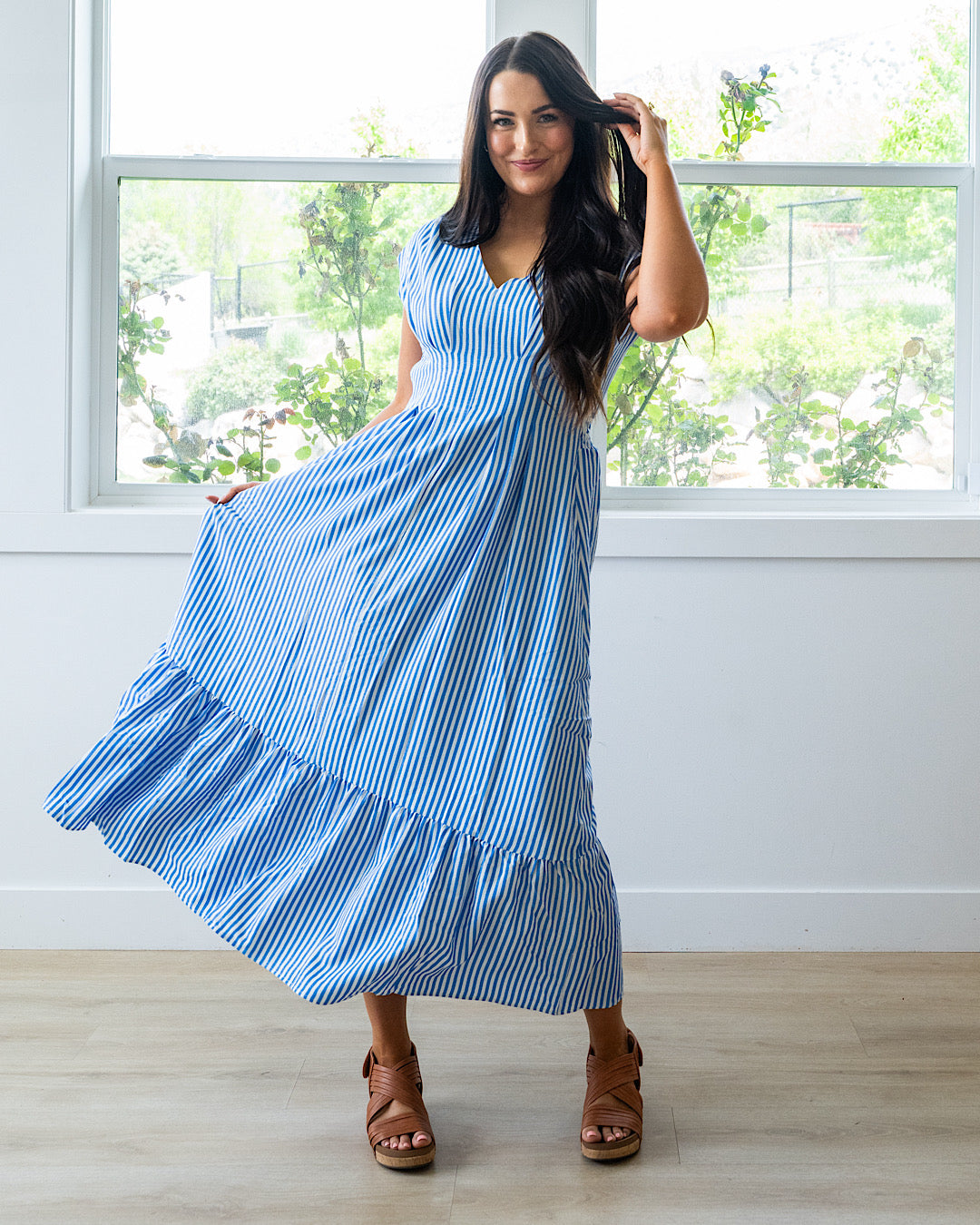 NEW! Trista Striped V Neck Maxi Dress - Blue Haptics