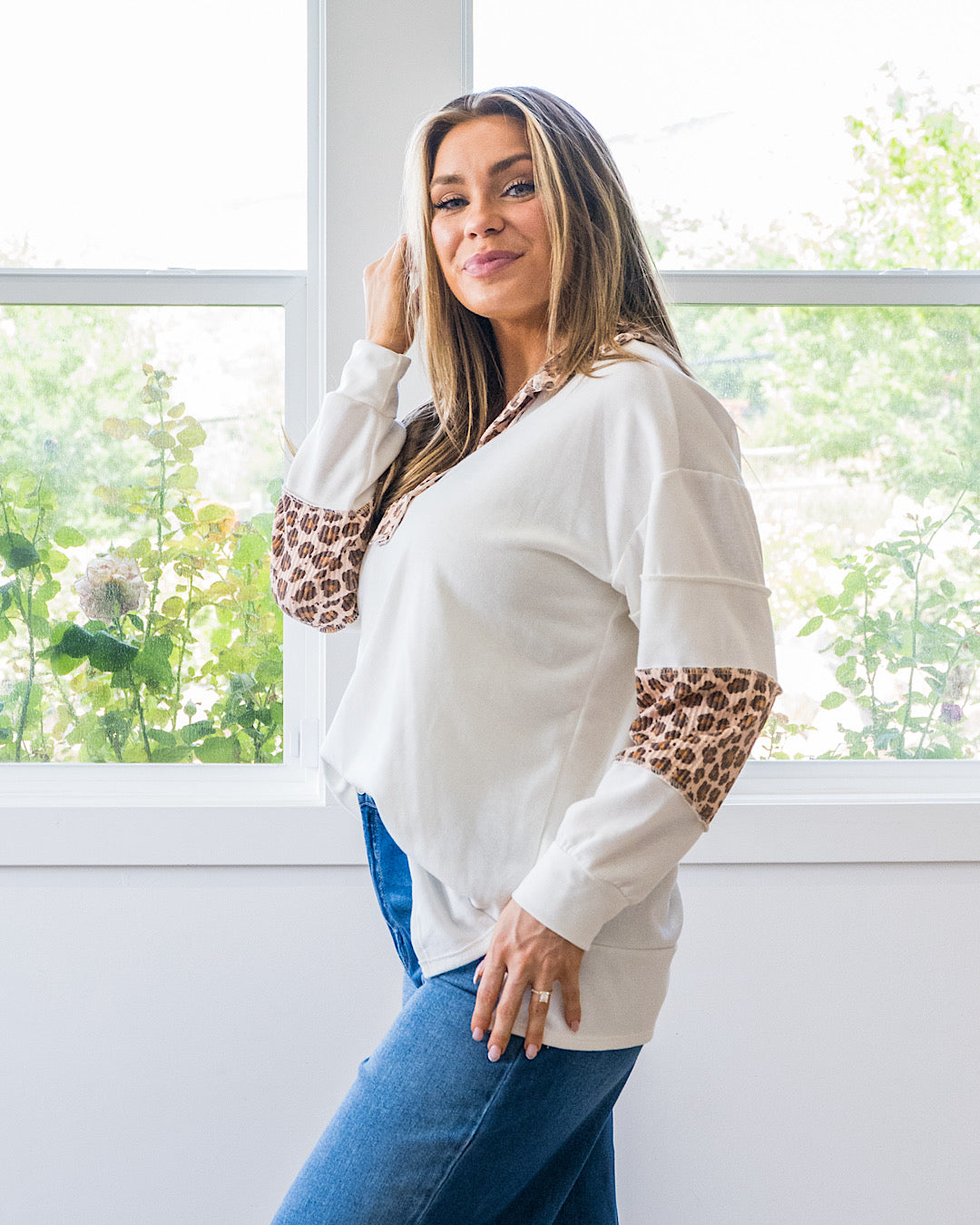 NEW! Jana Leopard Color Block Collared Top - Ivory