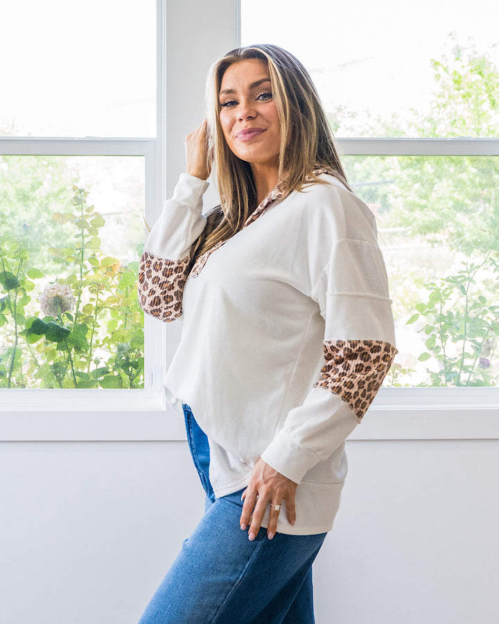 NEW! Jana Leopard Color Block Collared Top - Ivory