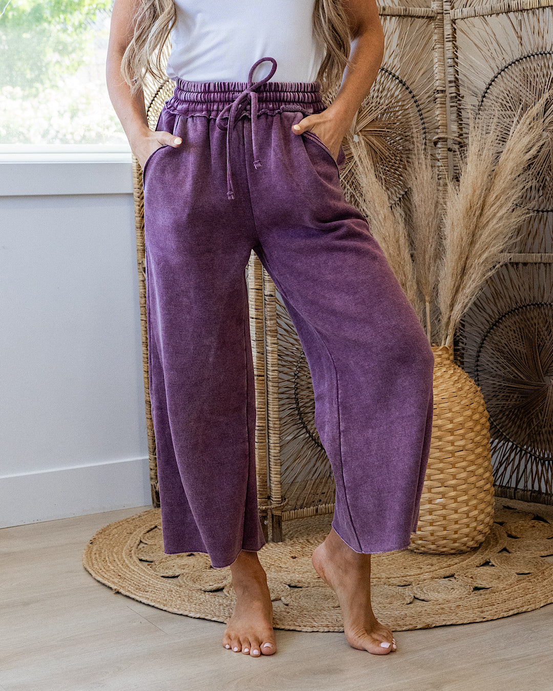 Cropped Wide Leg Comfy Pants - Eggplant Zenana