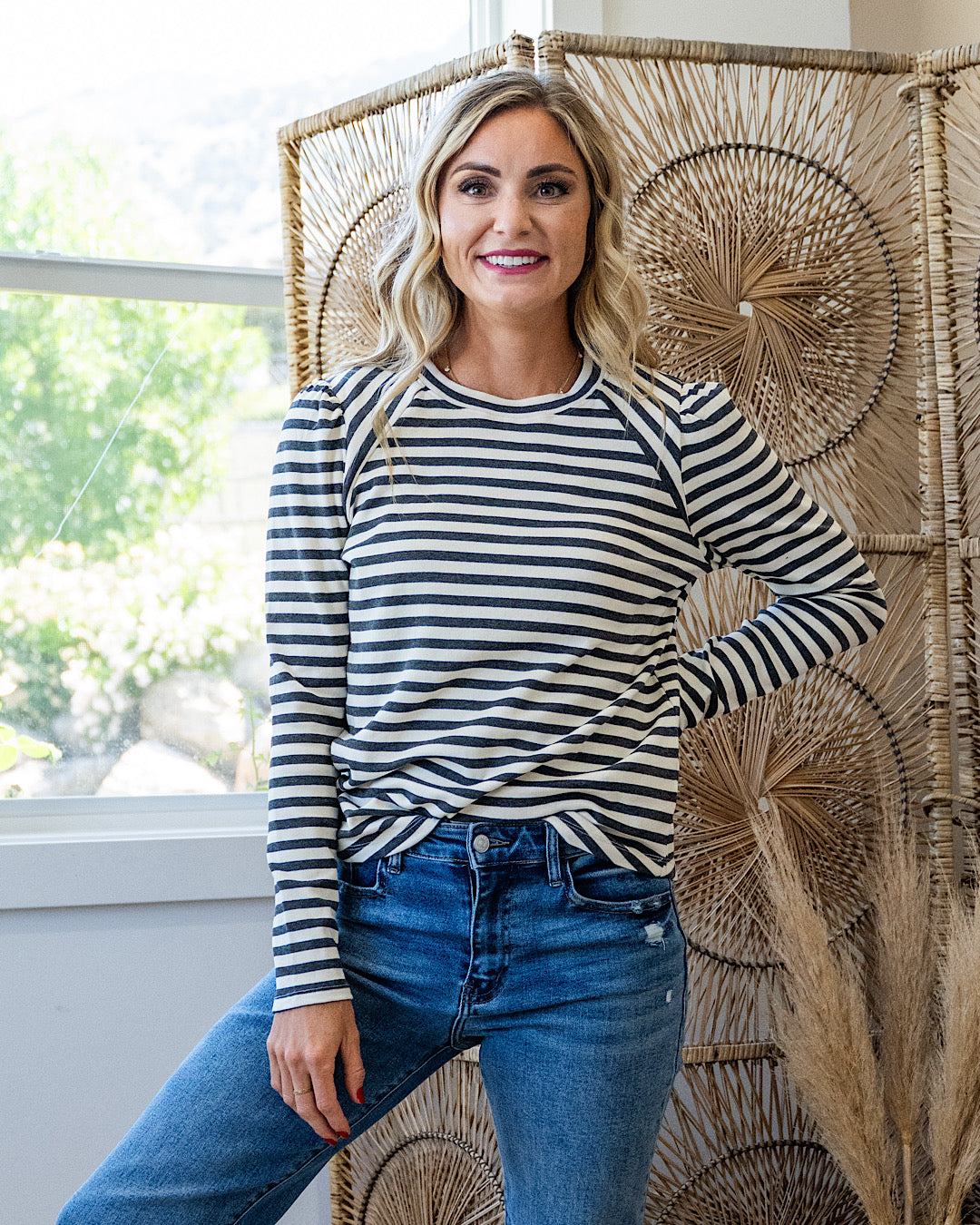 Alexa Striped Pleated Shoulder Top - Charcoal Staccato