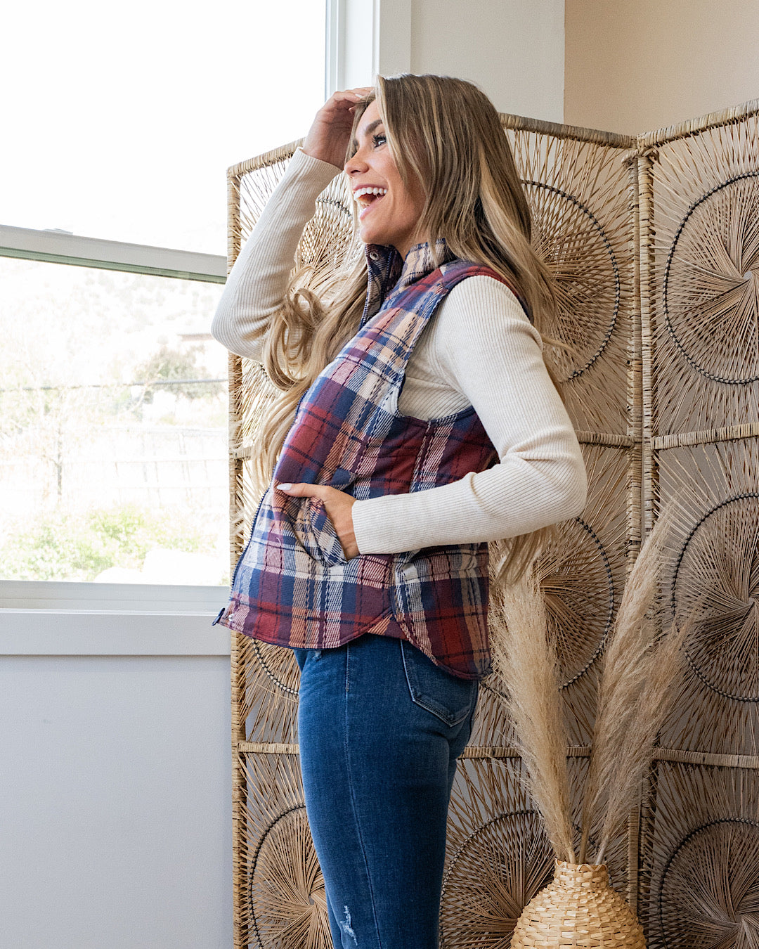 Gia Plaid Quilted Vest - Scarlet Staccato