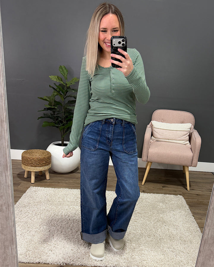 NEW! Dawn Striped Henley Long Sleeve Top - Fern
