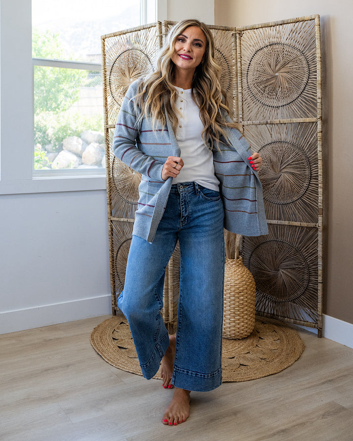 Debbie Striped Open Front Cardigan - Heather Gray Be Cool
