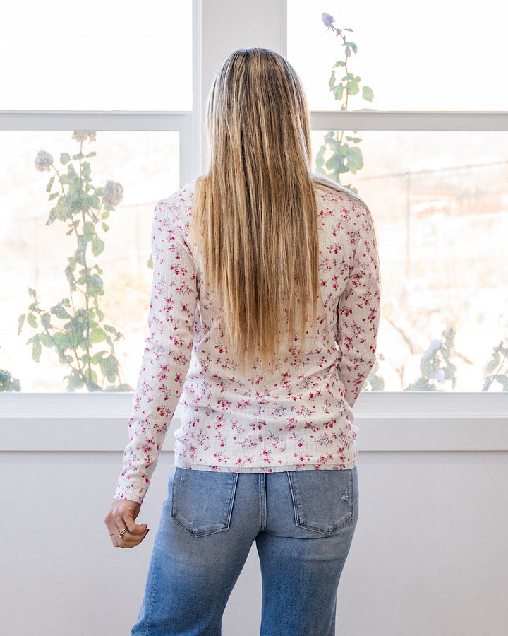 NEW! Christina Pointelle Henley Long Sleeve Top - Micro Pink Floral Michelle Mae