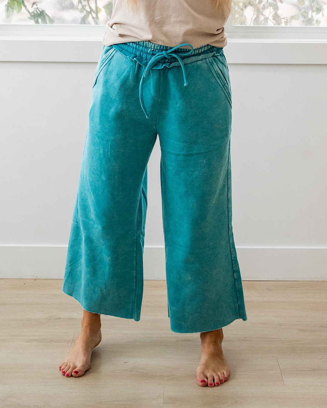Cropped Wide Leg Comfy Pants - Light Teal Zenana