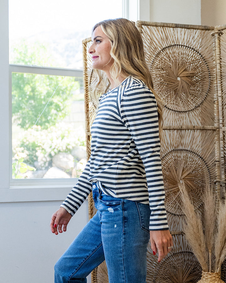 Alexa Striped Pleated Shoulder Top - Charcoal Staccato