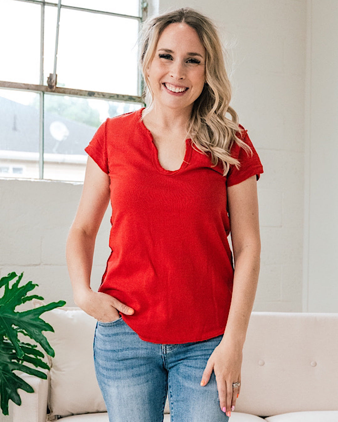 NEW! Everly Notched Neck Top - Chili  La Miel   