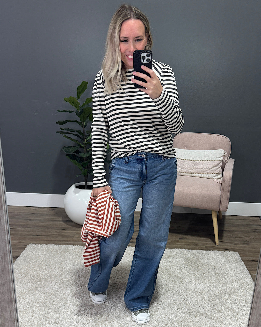 Alexa Striped Pleated Shoulder Top - Rust Staccato