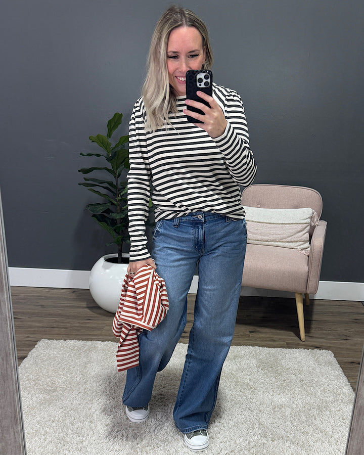 Alexa Striped Pleated Shoulder Top - Rust Staccato