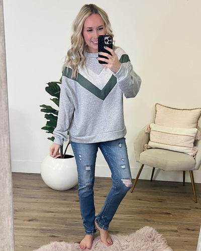 Pam Heather Gray and Green V Detail Sweatshirt FINAL SALE  Lovely Melody   