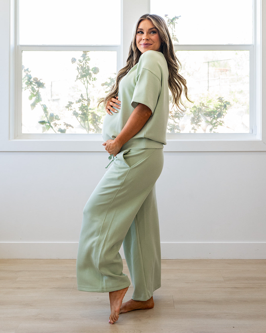 NEW! Kendall Scuba Fabric Wide Leg Pants - Pistachio Cream Rae Mode