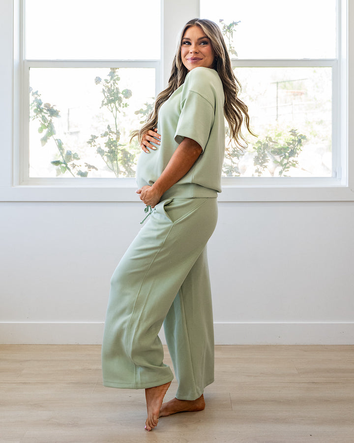 NEW! Kendall Scuba Fabric Wide Leg Pants - Pistachio Cream Rae Mode