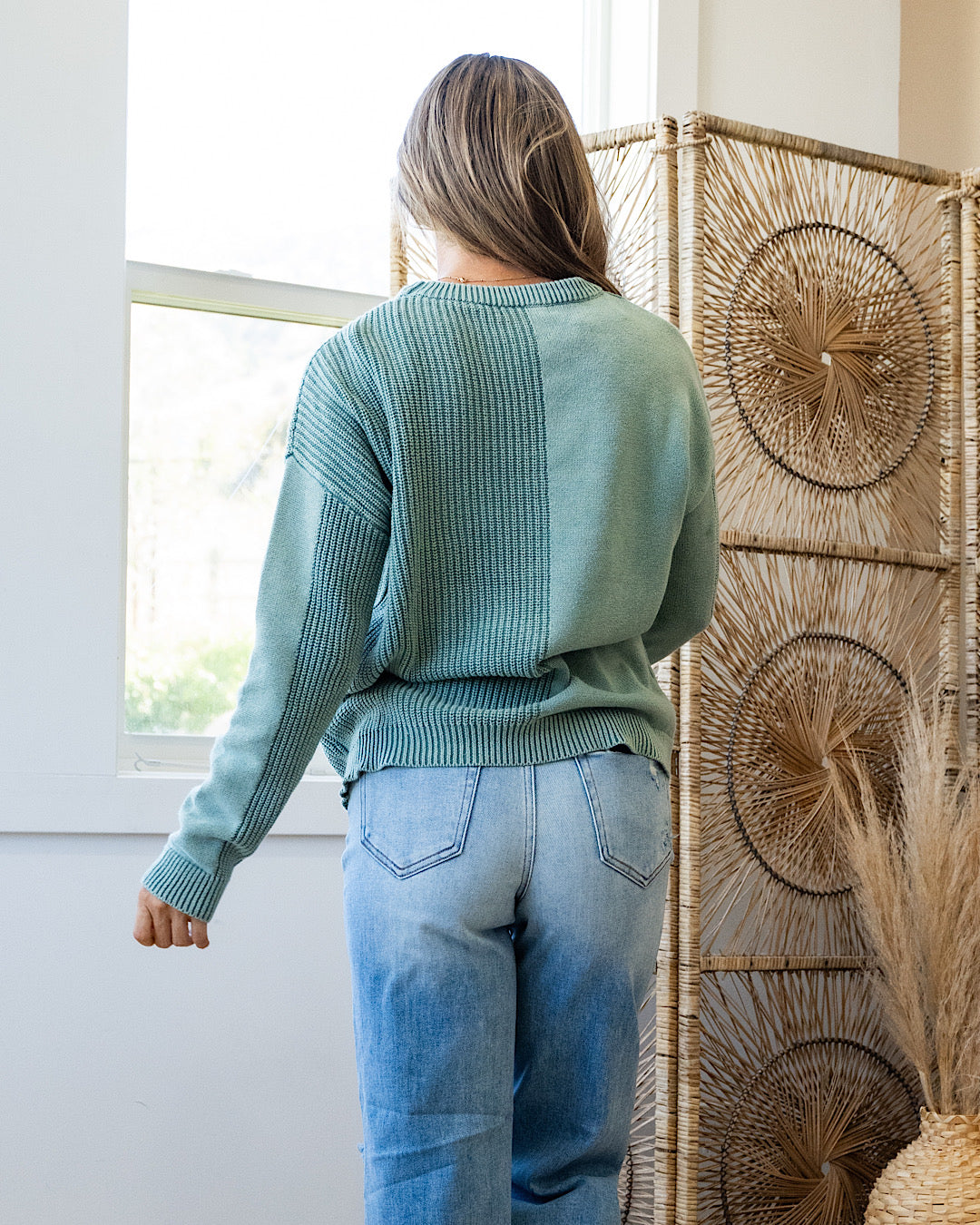 Tara Washed Pattern Block Sweater - Dark Mint Staccato