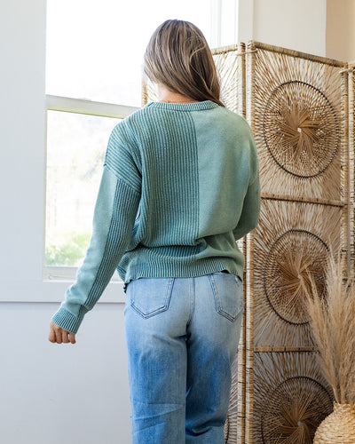 Tara Washed Pattern Block Sweater - Dark Mint Staccato