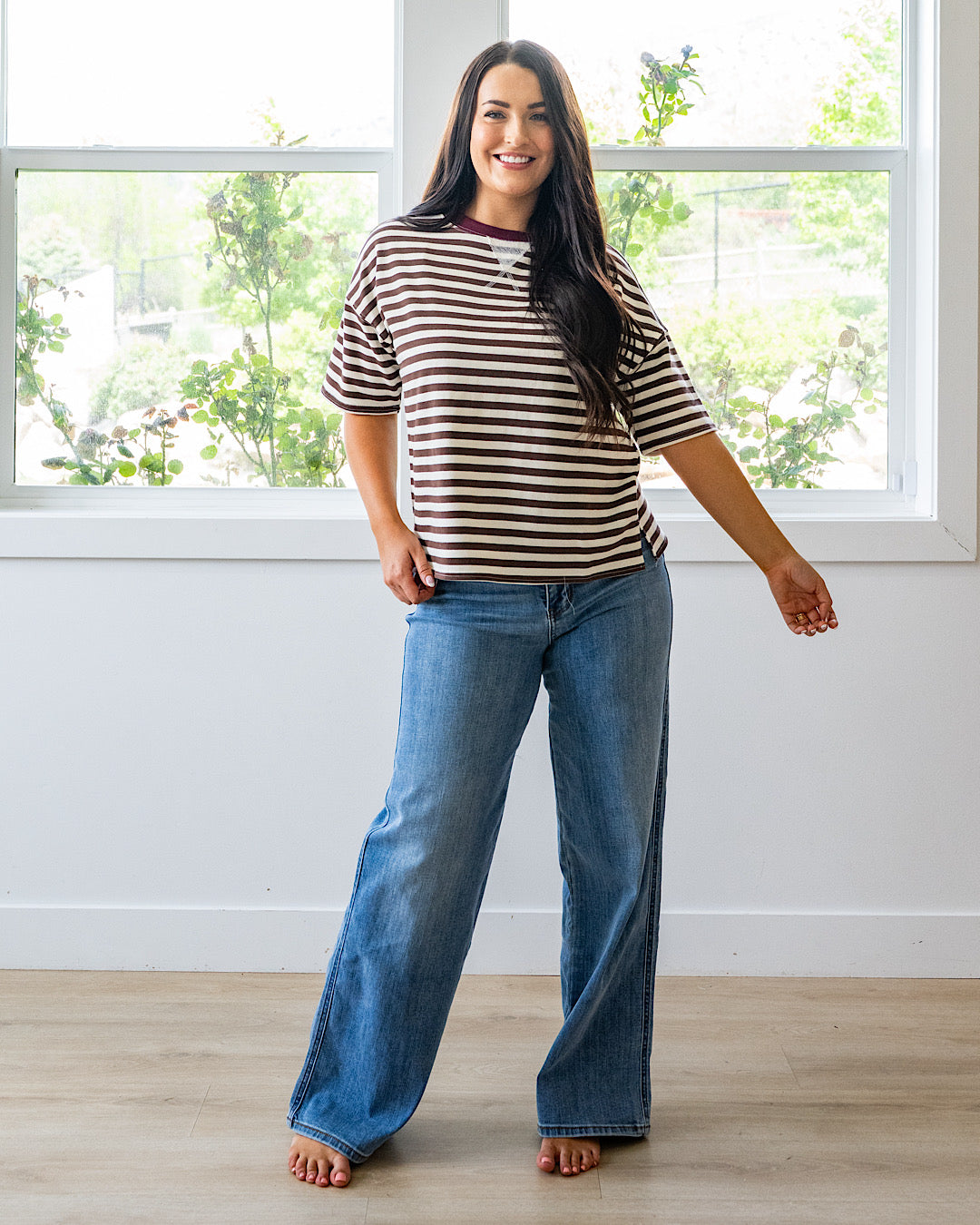 NEW! Hazel Contrast Striped Top - Dark Brown & Burgundy Mine