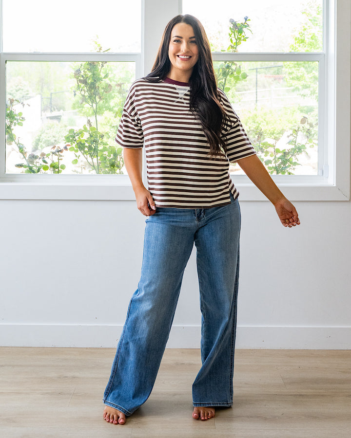 NEW! Hazel Contrast Striped Top - Dark Brown & Burgundy Mine