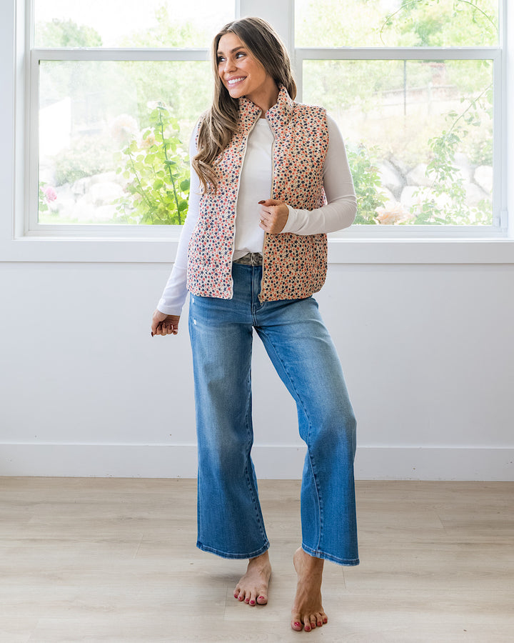 NEW! Juliana Floral Print Corduroy Vest - Cream & Pink Staccato