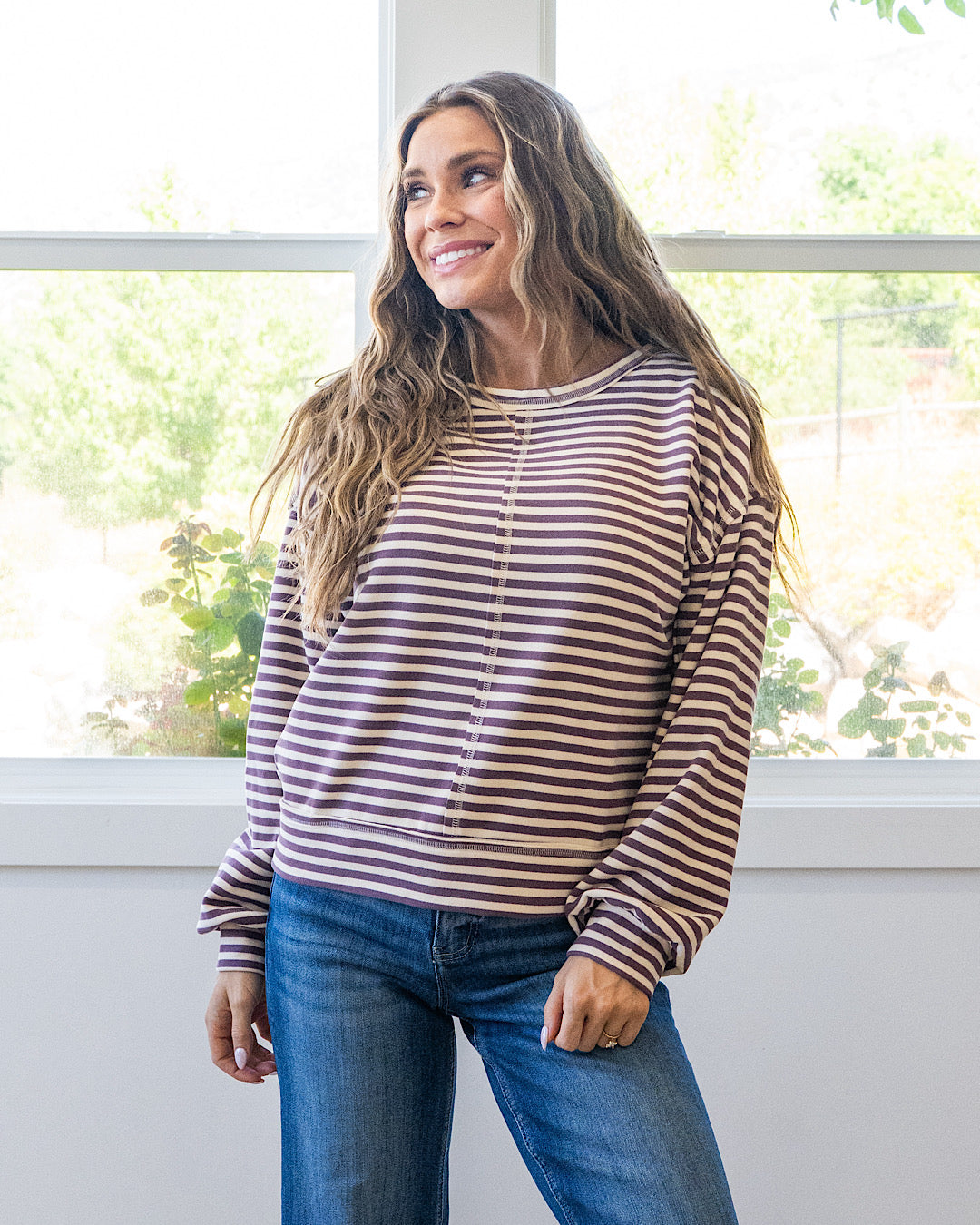 NEW! Kendra Striped Brushed Top - Eggplant