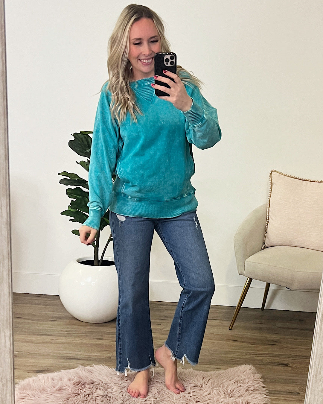 Girlfriend Crewneck Sweatshirt - Ash Light Teal  Zenana   