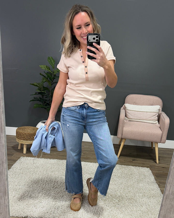 NEW! Amara Ribbed Knit V Neck Henley Top - Sky Blue