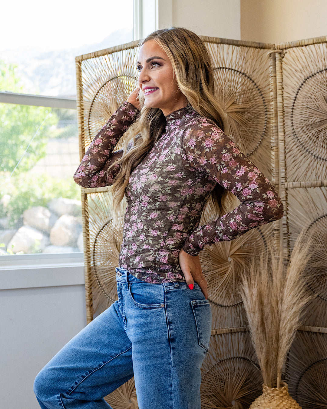 Gemma Long Sleeve Lace Top - Chocolate Floral Very J