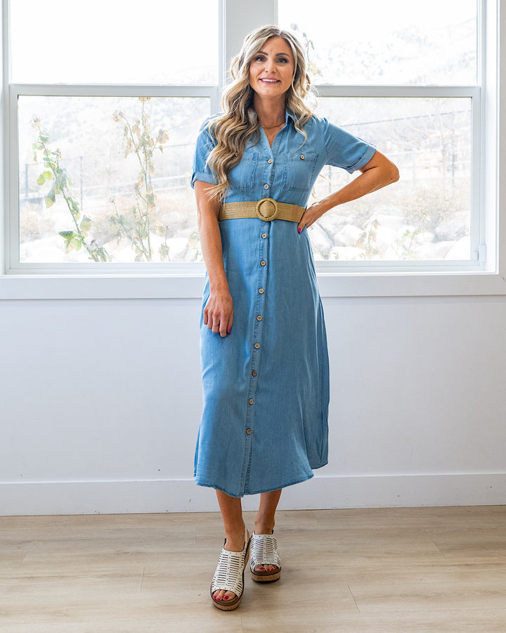 Este Belted Midi Dress - Chambray Mine