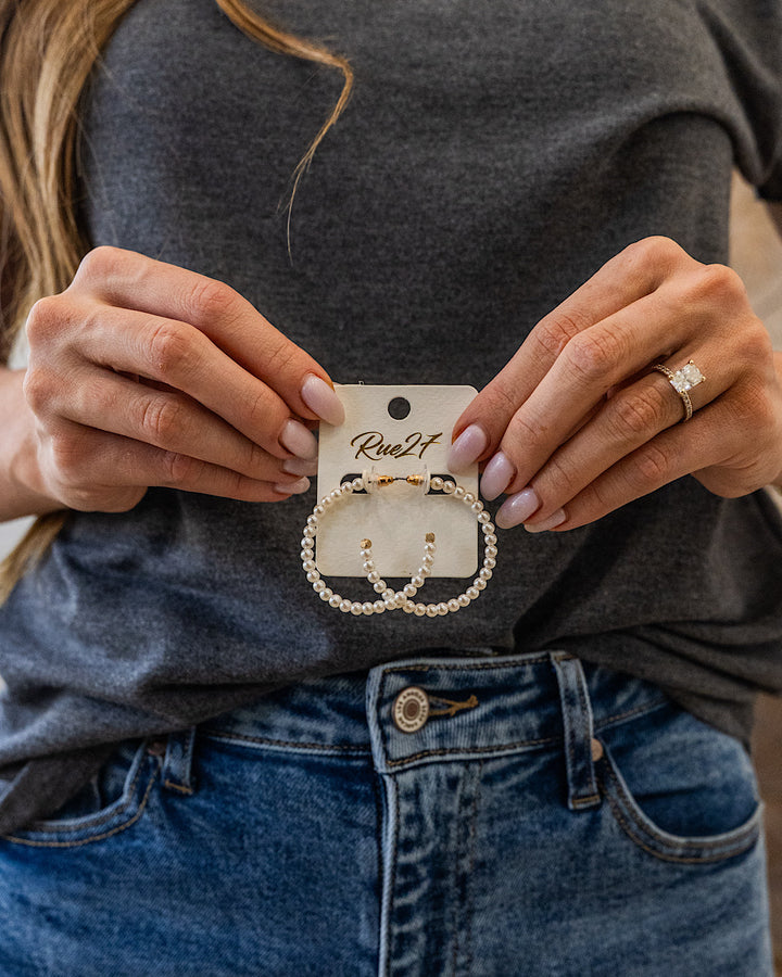 Pearl Beaded Open Hoop Earrings - Large Trendy Wholesale