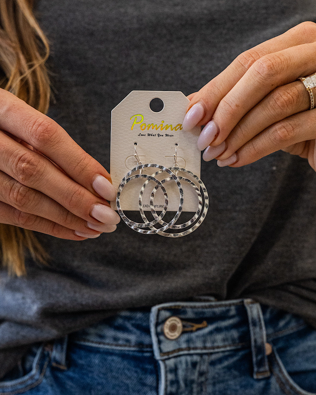 Hammered Double Circle Dangle Earrings - Silver Trendy Wholesale