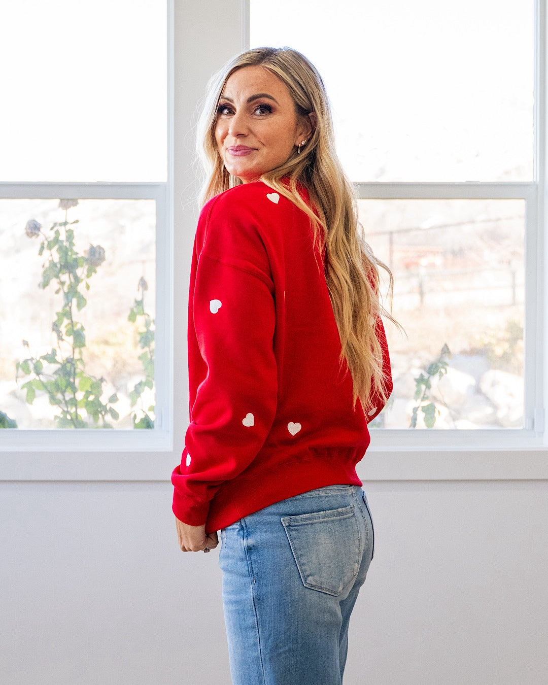NEW! Heart Embroidered Fleece Crewneck Sweatshirt - Red Reflex