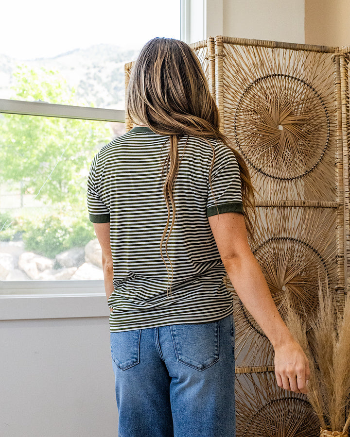 Meredith Striped Crewneck Top - Olive Staccato