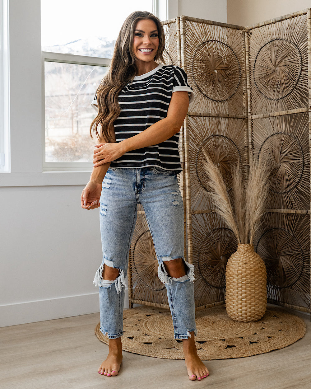 Nina Faded Striped Drop Shoulder Top - Black SALE Lovely Melody