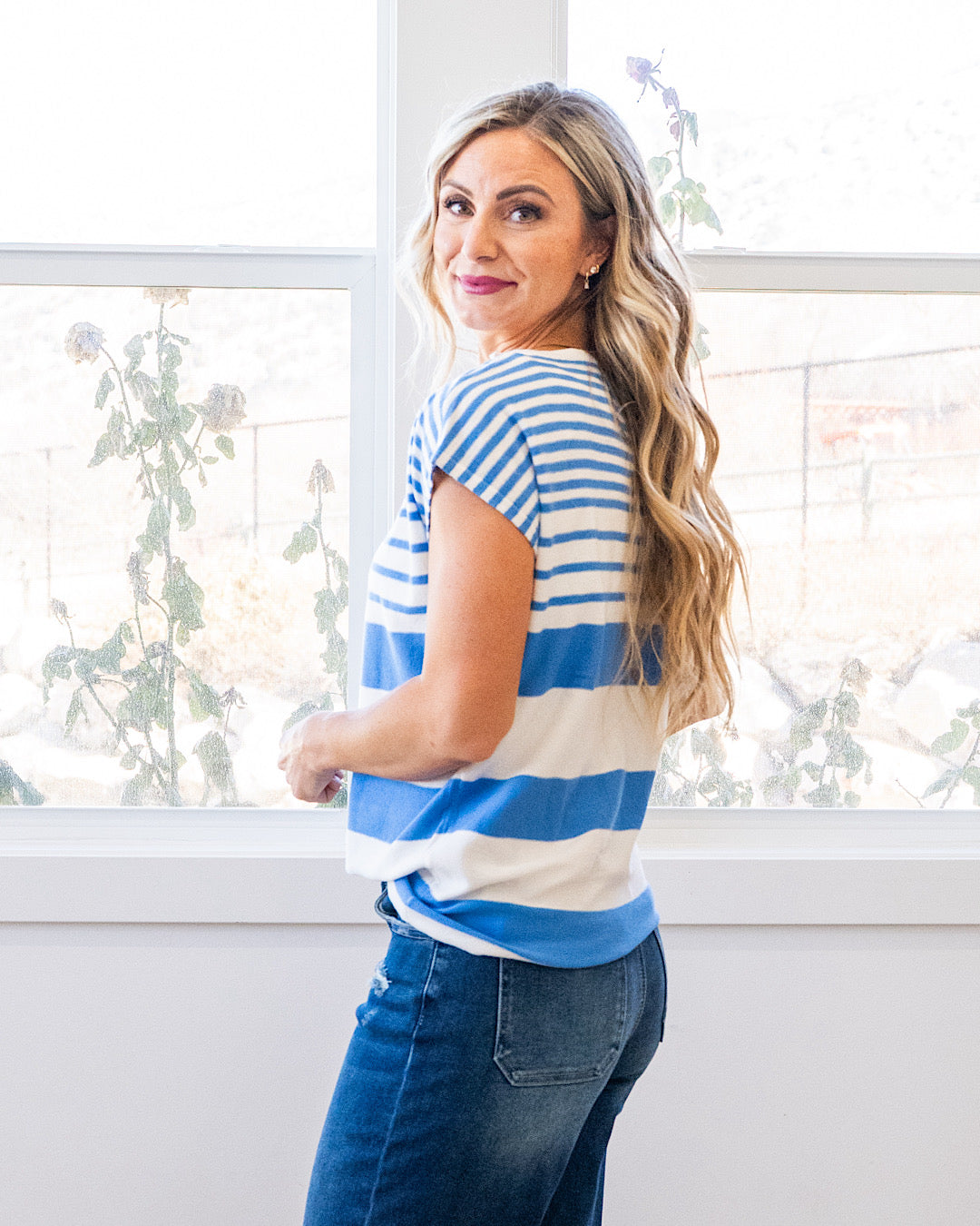 NEW! Delilah Striped Short Sleeve Sweater - Blue