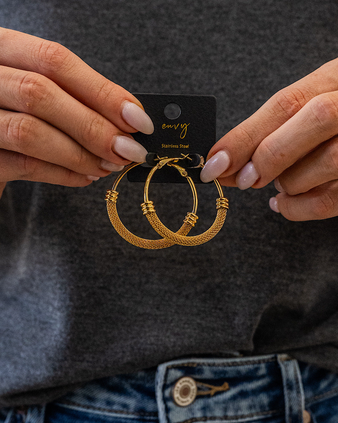 Stainless Steel Mesh Chain Hoop Earrings - Gold Trendy Wholesale