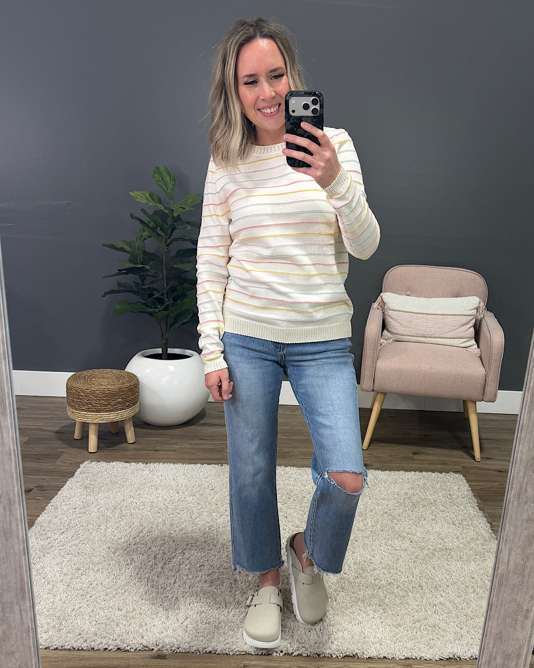 Angelica Pointelle Stripe Sweater - Cream Staccato