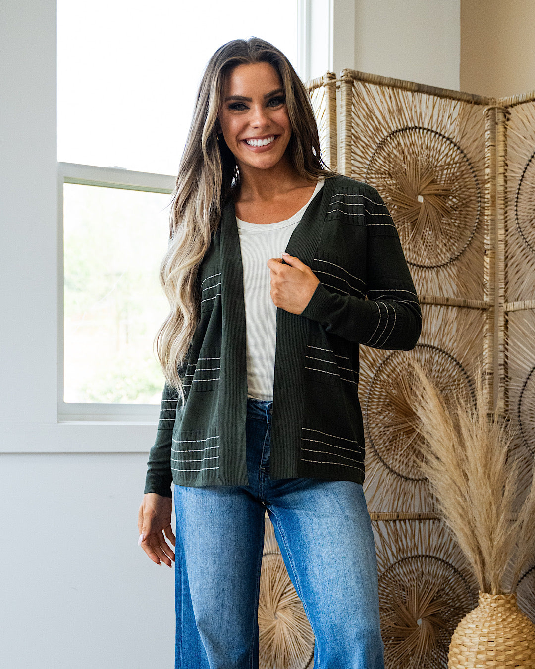 NEW! Brittany Stitch Striped Open Front Cardigan - Seaweed  Staccato   