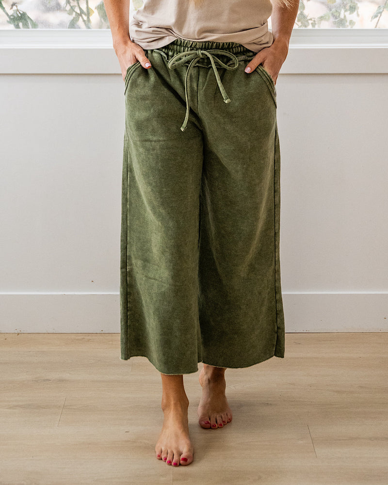 NEW! Cropped Wide Leg Comfy Pants - Light Olive Zenana