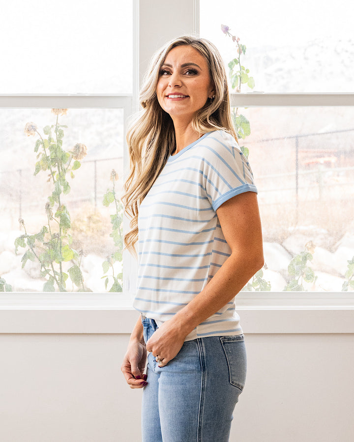 NEW! Juliet Striped Ribbed Top - Ivory & Blue Staccato