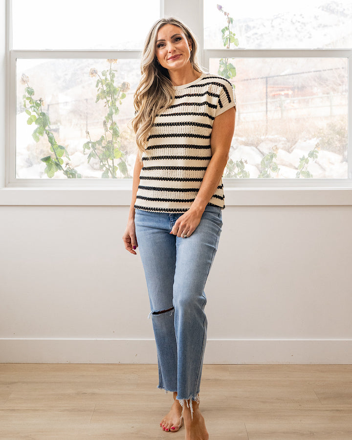 NEW! Kenzie Striped Open Knit Top - Ivory & Black