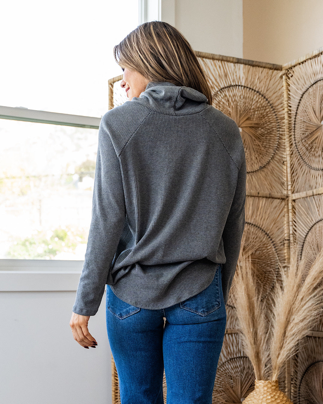 DOORBUSTER! Ribbed Turtleneck Top - Charcoal Sew In Love