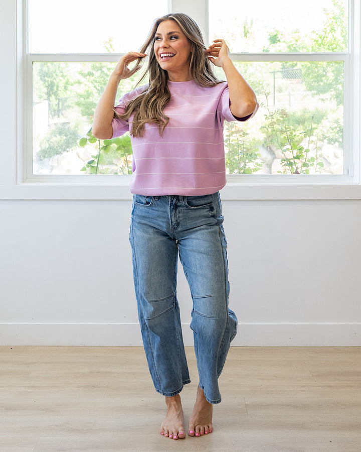 NEW! Macey Scuba Fabric Striped Top - Blossom & Cream