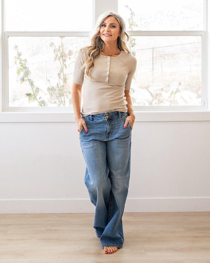 Emmy Micro Ribbed Henley Top - Taupe Lovely Melody