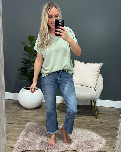 Mandy Corded V Neck Top - Sage  7th Ray   