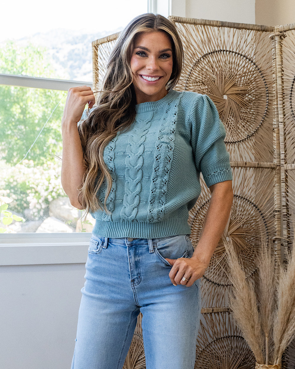 Ashlynn Chunky Cable Knit Short Sleeve Sweater - Color Options Available! Staccato Jade