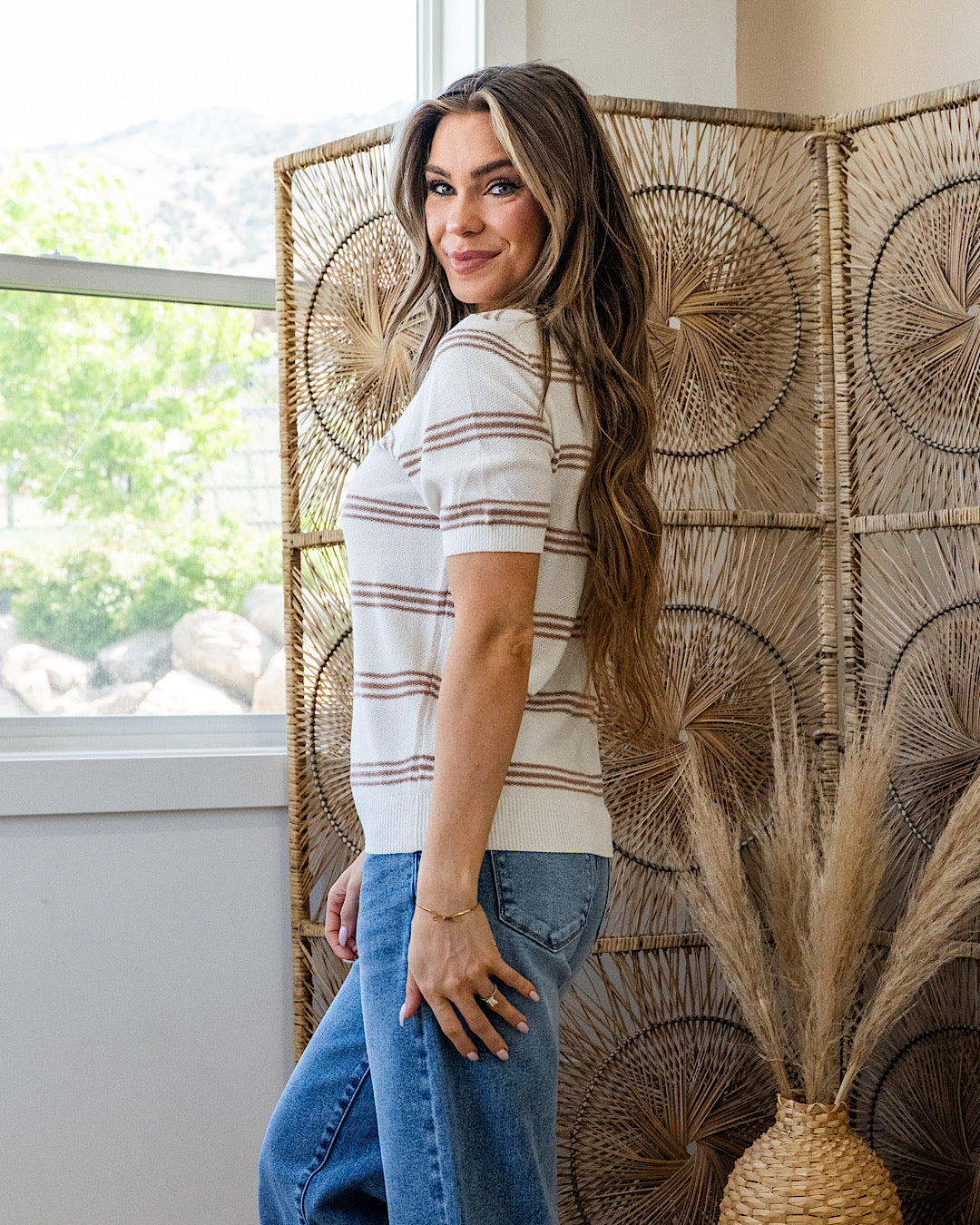 Chelsea Triple Stripe Short Sleeve Sweater - Taupe Be Cool