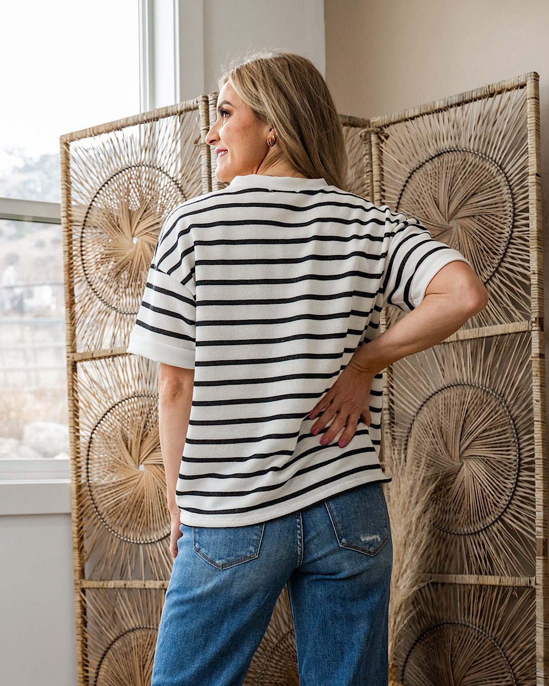 Find Yourself Striped Henley Top - Ivory & Black Lovely Melody