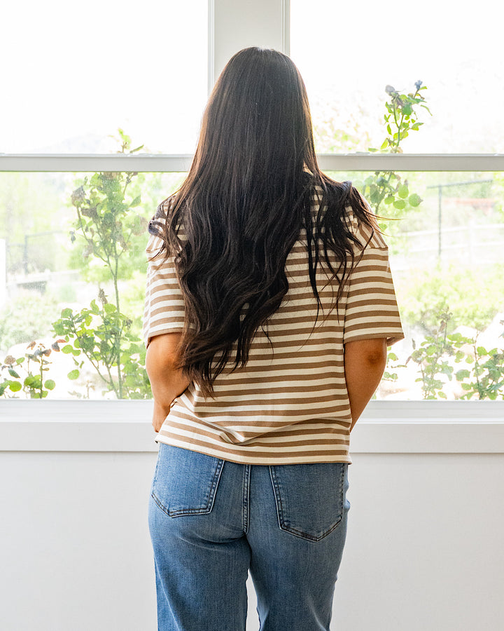 NEW! Hazel Contrast Striped Top - Tan & Blue Mine