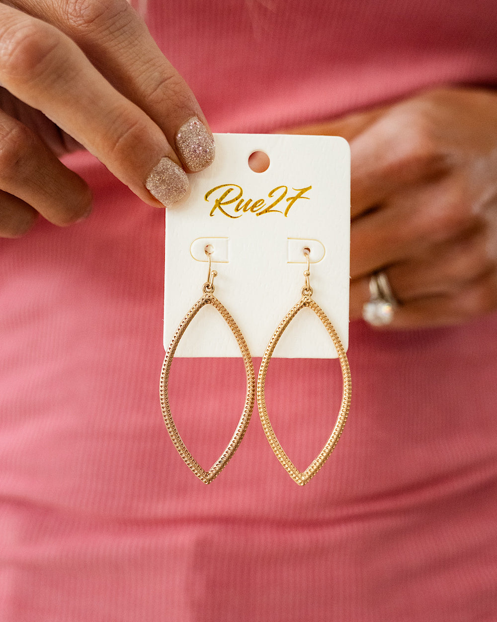 Textured Metal Marquise Shaped Dangle Earrings - Gold Trendy Wholesale